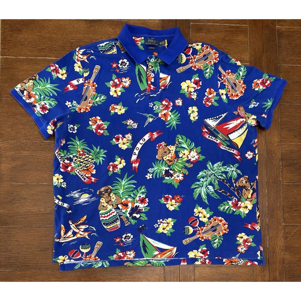 Polo Ralph Lauren Polo Shirt Men 2XL Blue Tropical Hawaiian Polo Bear Classic